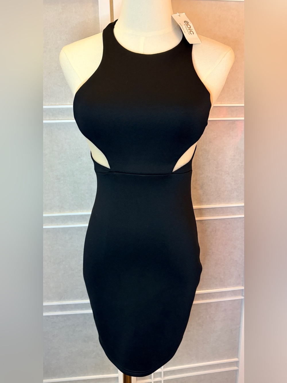 Solemio Nude Mesh Cutouts Black Bodycon Dress Sz S NWT